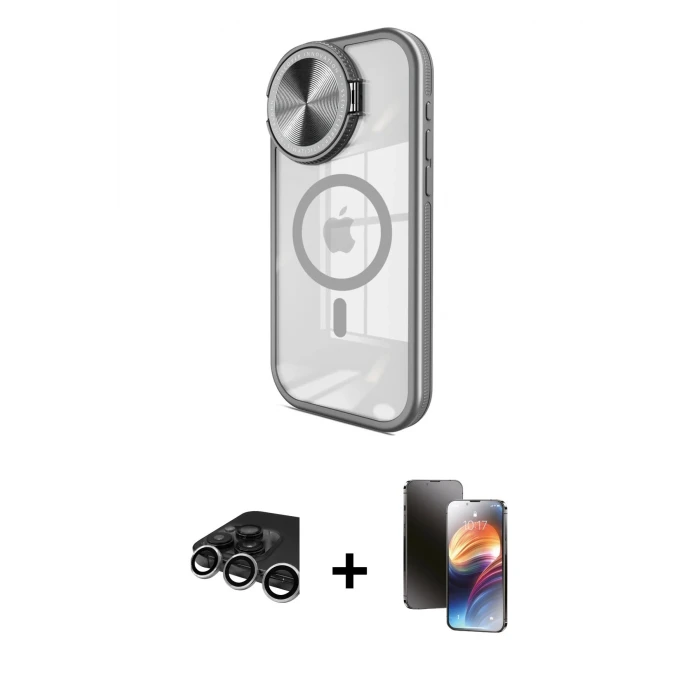 ieg™ iPhone 15 Pro Max Kılıf Kıvılcım Modern Koleksiyonu - Siyah 3D Antistatik Mat Seramik Nano Ekran Koruyucu + Raze Metal Kamera Lens - GS