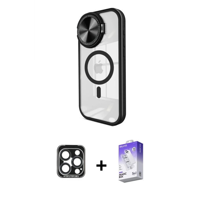 ieg™ iPhone 15 Pro Max Kılıf Kıvılcım Modern Koleksiyonu - Siyah Bilvis 5in1 3D Magic Cam Ekran Koruyucu + PVD Metal Kamera Lens - LT