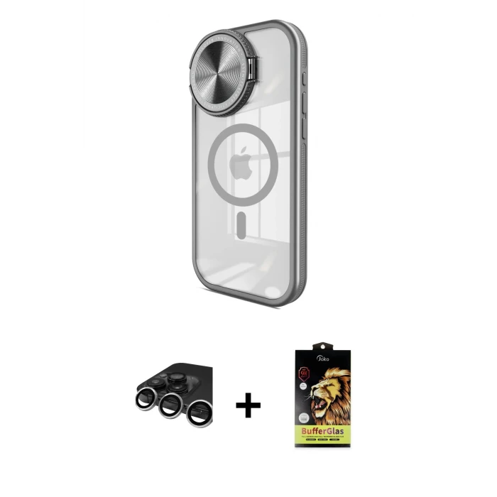 ieg™ iPhone 15 Pro Max Kılıf Kıvılcım Modern Koleksiyonu - Siyah Buffer Cam Ekran Koruyucu + Raze Metal Kamera Lens - GS