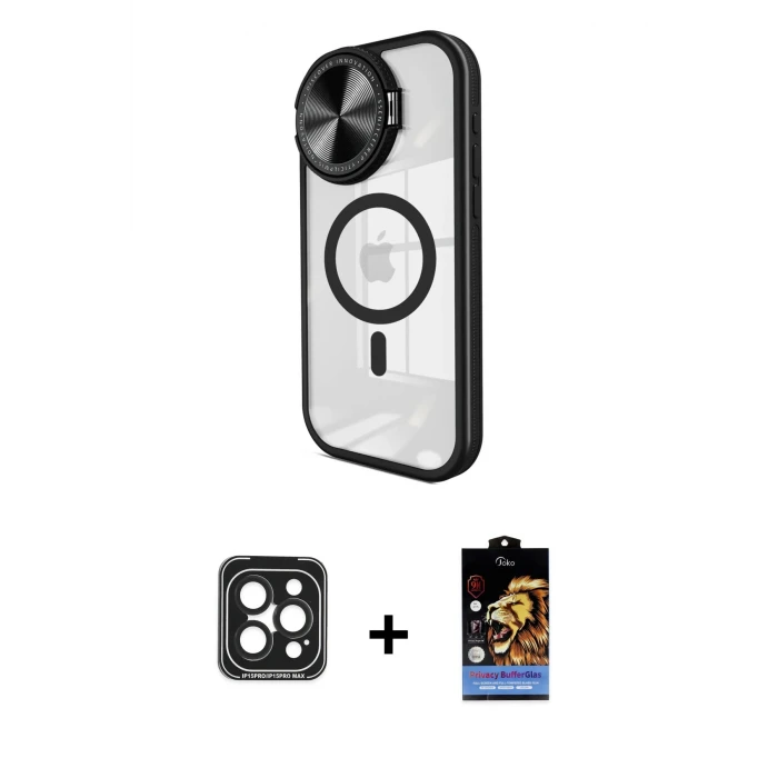 ieg™ iPhone 15 Pro Max Kılıf Kıvılcım Modern Koleksiyonu - Siyah Buffer Hayalet Cam Ekran Koruyucu + PVD Metal Kamera Lens - SH