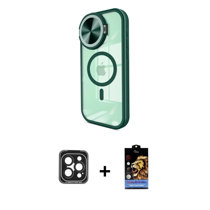 ieg™ iPhone 15 Pro Max Kılıf Kıvılcım Modern Koleksiyonu - Siyah Buffer Hayalet Cam Ekran Koruyucu + PVD Metal Kamera Lens - SH