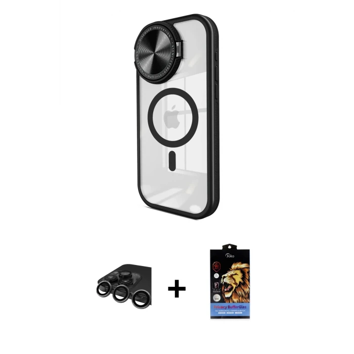 ieg™ iPhone 15 Pro Max Kılıf Kıvılcım Modern Koleksiyonu - Siyah Buffer Hayalet Cam Ekran Koruyucu + Raze Metal Kamera Lens - TMGI