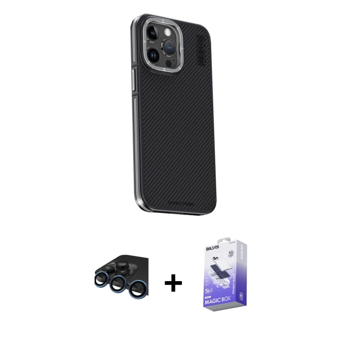 ieg™ iPhone 15 Pro Max Kılıf Kıvılcım Modern Özel Seri - Siyah Bilvis 5in1 5D Magic Hayalet Cam Ekran Koruyucu + Raze Metal Kamera Lens - LT