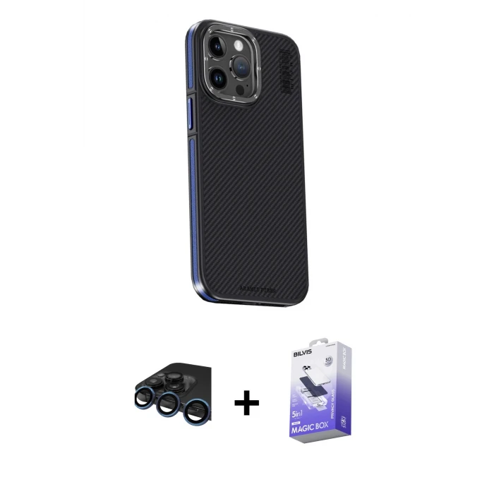 ieg™ iPhone 15 Pro Max Kılıf Kıvılcım Modern Özel Seri - Siyah Bilvis 5in1 5D Magic Hayalet Cam Ekran Koruyucu + Raze Metal Kamera Lens - LT