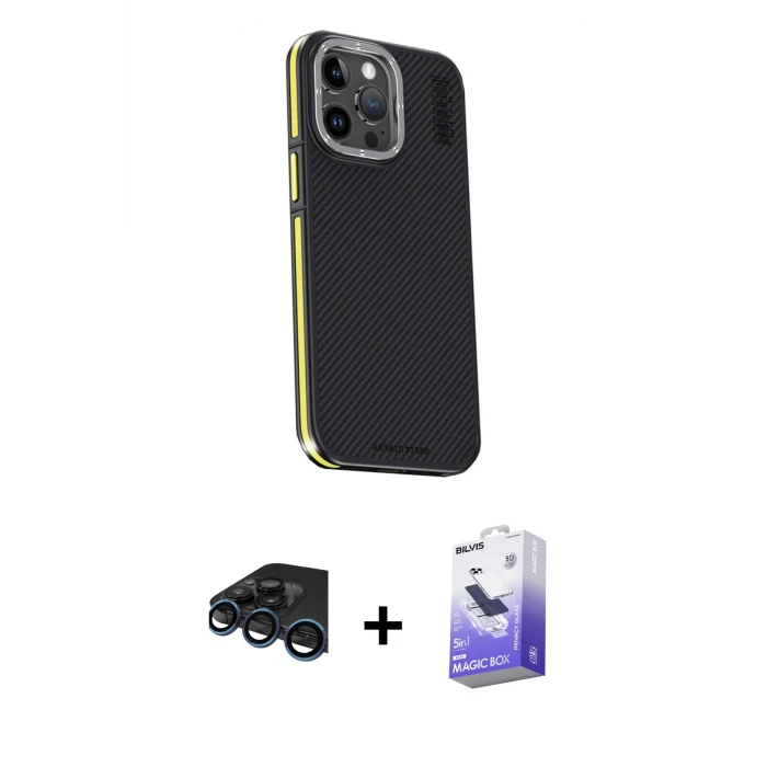 ieg™ iPhone 15 Pro Max Kılıf Kıvılcım Modern Özel Seri - Siyah Bilvis 5in1 5D Magic Hayalet Cam Ekran Koruyucu + Raze Metal Kamera Lens - LT