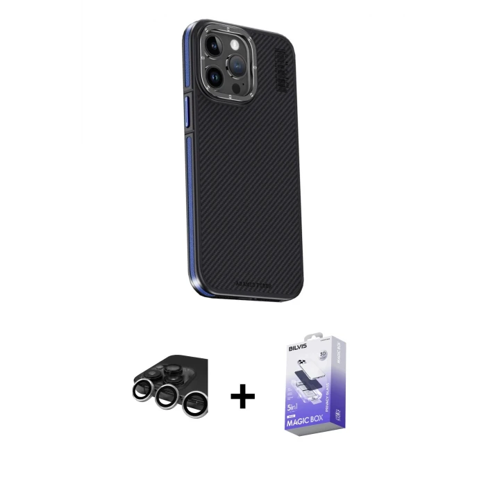 ieg™ iPhone 15 Pro Max Kılıf Kıvılcım Modern Özel Seri - Siyah Bilvis 5in1 5D Magic Hayalet Cam Ekran Koruyucu + Raze Metal Kamera Lens - GS
