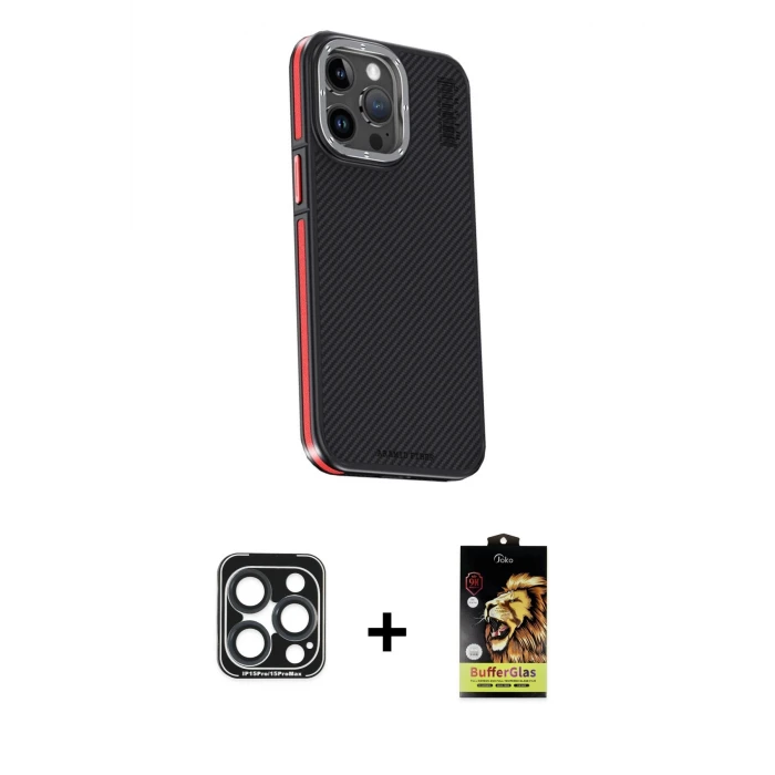 ieg™ iPhone 15 Pro Max Kılıf Kıvılcım Modern Özel Seri - Siyah Buffer Cam Ekran Koruyucu + PVD Metal Kamera Lens - LT