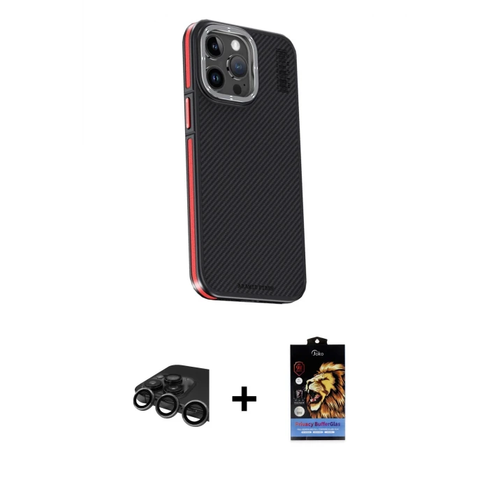 ieg™ iPhone 15 Pro Max Kılıf Kıvılcım Modern Özel Seri - Siyah Buffer Hayalet Cam Ekran Koruyucu + Raze Metal Kamera Lens - TMGI