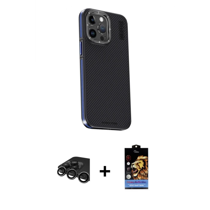 ieg™ iPhone 15 Pro Max Kılıf Kıvılcım Modern Özel Seri - Siyah Buffer Hayalet Cam Ekran Koruyucu + Raze Metal Kamera Lens - TMGI