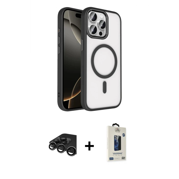 ieg™ iPhone 15 Pro Max Kılıf Kıvılcım Prime - Siyah Bilvis Hayalet Cam Ekran Koruyucu + Raze Metal Kamera Lens - TMGI