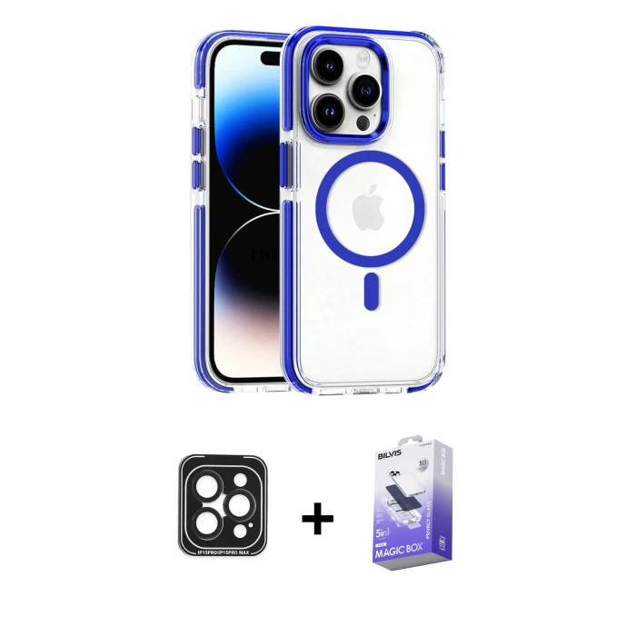 ieg™ iPhone 15 Pro Max Kılıf Kozmos Doku Koleksiyonu - Siyah Bilvis 5in1 5D Magic Hayalet Cam Ekran Koruyucu + PVD Metal Kamera Lens - SH