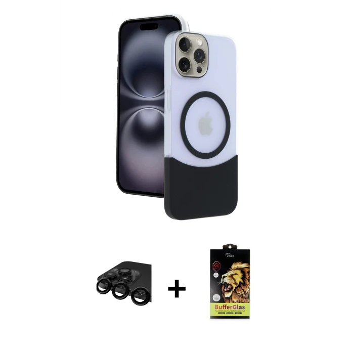 ieg™ iPhone 15 Pro Max Kılıf Kozmos Form Özel Seri - Siyah Buffer Cam Ekran Koruyucu + Raze Metal Kamera Lens - SH
