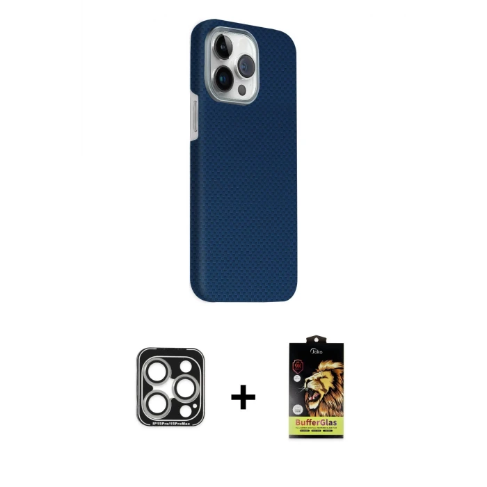 ieg™ iPhone 15 Pro Max Kılıf Kozmos Klasik Prime - Siyah Buffer Cam Ekran Koruyucu + PVD Metal Kamera Lens - GS
