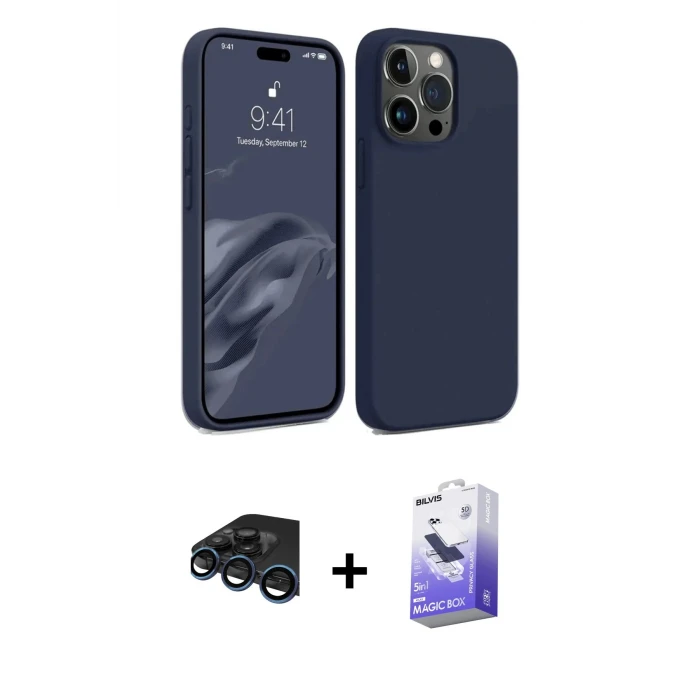 ieg™ iPhone 15 Pro Max Kılıf Kozmos Yansıma Özel Seri - Siyah Bilvis 5in1 5D Magic Hayalet Cam Ekran Koruyucu + Raze Metal Kamera Lens - LT