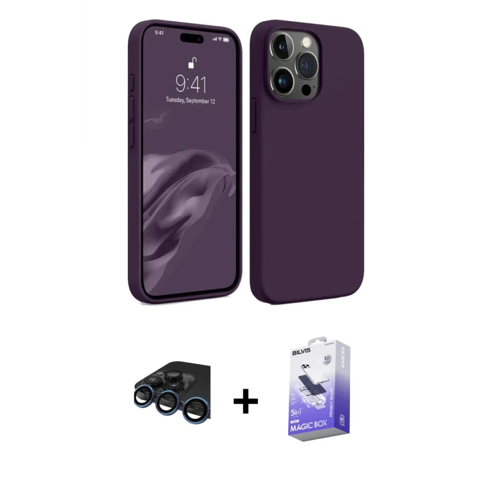 ieg™ iPhone 15 Pro Max Kılıf Kozmos Yansıma Özel Seri - Siyah Bilvis 5in1 5D Magic Hayalet Cam Ekran Koruyucu + Raze Metal Kamera Lens - LT