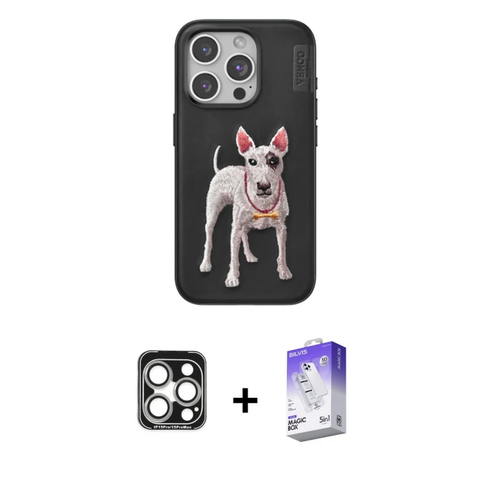 ieg™ iPhone 15 Pro Max Kılıf Nova Form Koleksiyonu - Siyah Bilvis 5in1 3D Magic Cam Ekran Koruyucu + PVD Metal Kamera Lens - GS