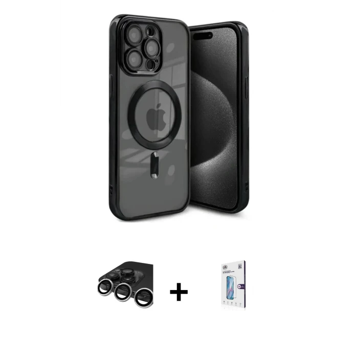 ieg™ iPhone 15 Pro Max Kılıf Nova Işık Özel Seri - Siyah Bilvis 0.18mm Plus Cam Ekran Koruyucu + Raze Metal Kamera Lens - GS