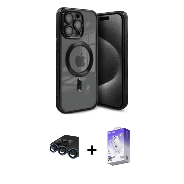 ieg™ iPhone 15 Pro Max Kılıf Nova Işık Özel Seri - Siyah Bilvis 5in1 3D Magic Cam Ekran Koruyucu + Raze Metal Kamera Lens - LT