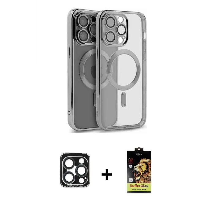 ieg™ iPhone 15 Pro Max Kılıf Nova Işık Özel Seri - Siyah Buffer Cam Ekran Koruyucu + PVD Metal Kamera Lens - LT