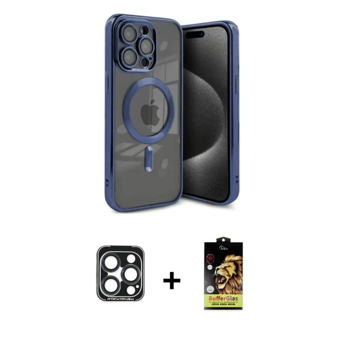 ieg™ iPhone 15 Pro Max Kılıf Nova Işık Özel Seri - Siyah Buffer Cam Ekran Koruyucu + PVD Metal Kamera Lens - LT