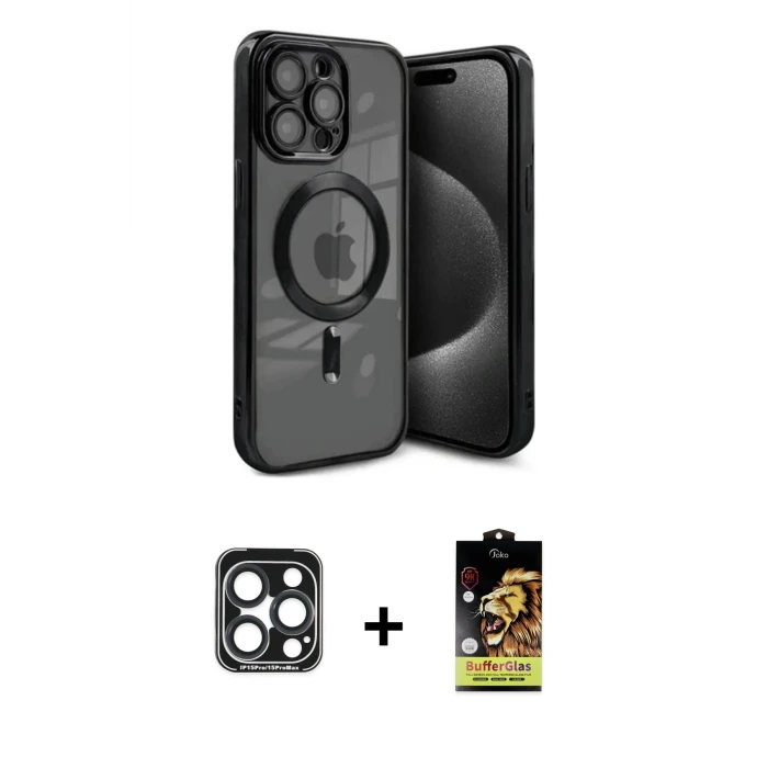 ieg™ iPhone 15 Pro Max Kılıf Nova Işık Özel Seri - Siyah Buffer Cam Ekran Koruyucu + PVD Metal Kamera Lens - LT