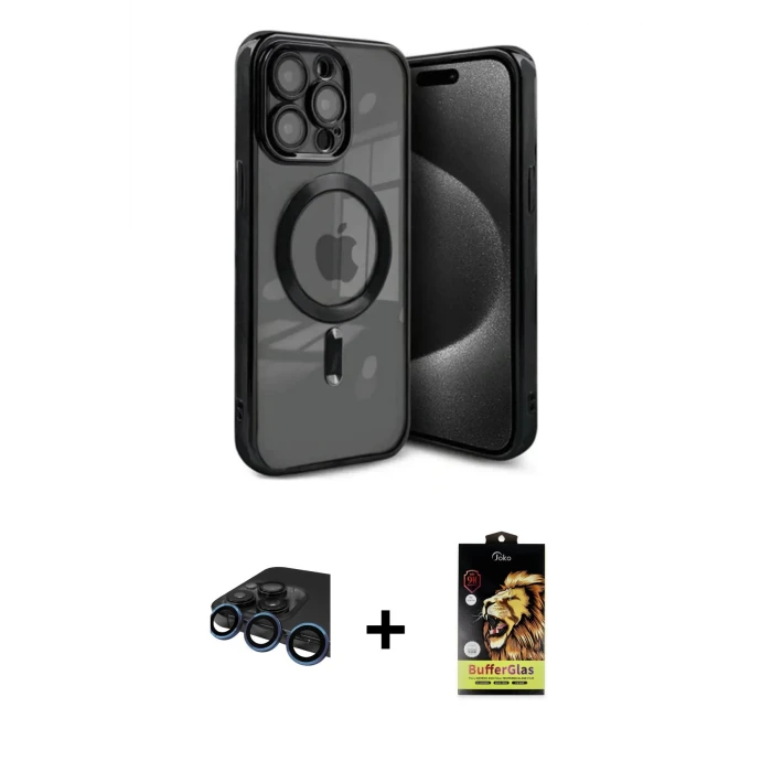 ieg™ iPhone 15 Pro Max Kılıf Nova Işık Özel Seri - Siyah Buffer Cam Ekran Koruyucu + Raze Metal Kamera Lens - LT