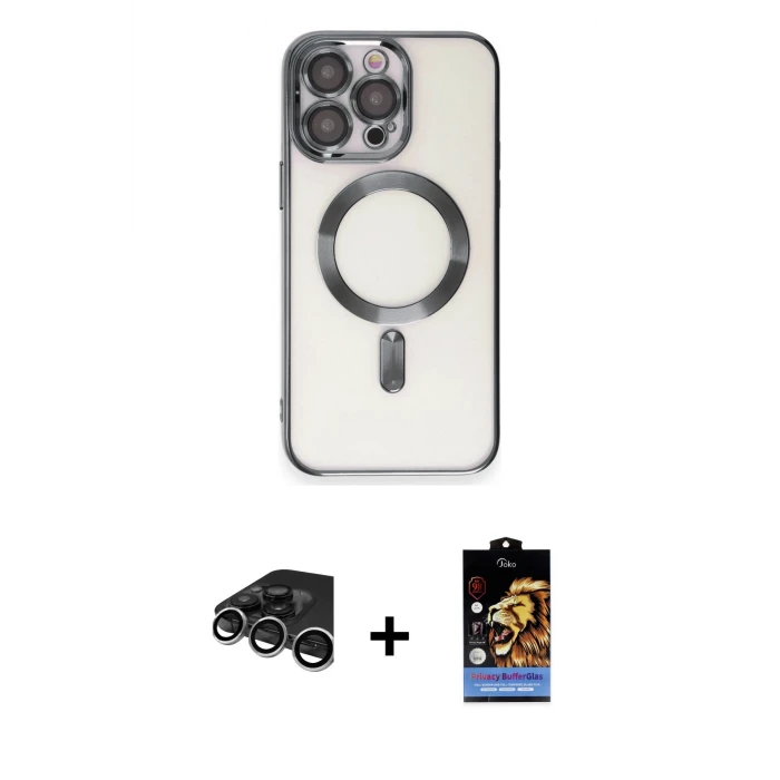 ieg™ iPhone 15 Pro Max Kılıf Nova Işık Özel Seri - Siyah Buffer Hayalet Cam Ekran Koruyucu + Gümüş Raze Metal Kamera Lens