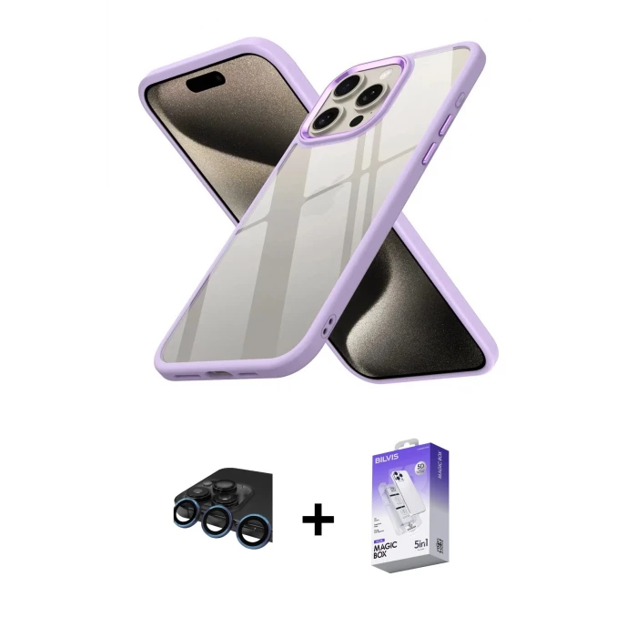 ieg™ iPhone 15 Pro Max Kılıf Nova Işık Serisi - Siyah Bilvis 5in1 3D Magic Cam Ekran Koruyucu + Raze Metal Kamera Lens - LT