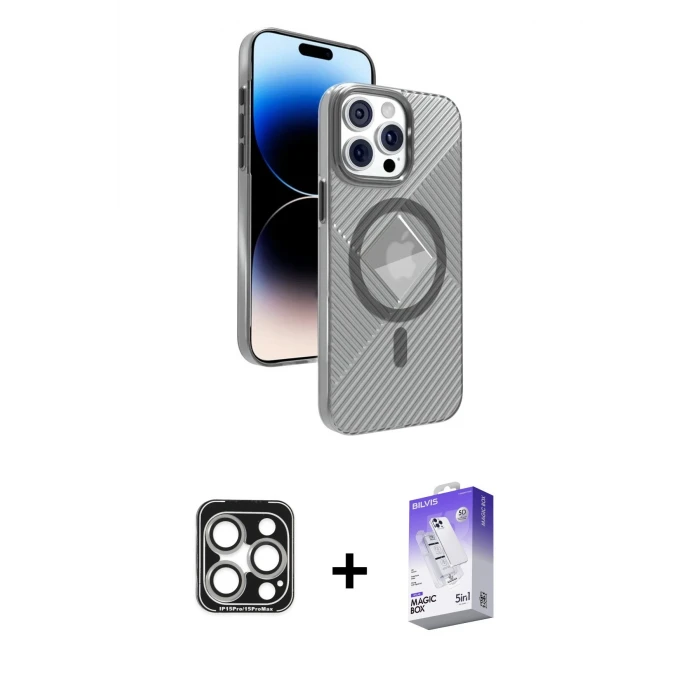 ieg™ iPhone 15 Pro Max Kılıf Nova Modern Prime - Siyah Bilvis 5in1 3D Magic Cam Ekran Koruyucu + PVD Metal Kamera Lens - GS