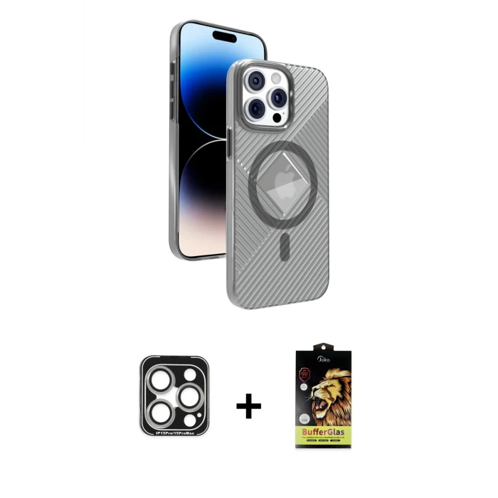 ieg™ iPhone 15 Pro Max Kılıf Nova Modern Prime - Siyah Buffer Cam Ekran Koruyucu + Gümüş PVD Metal Kamera Lens