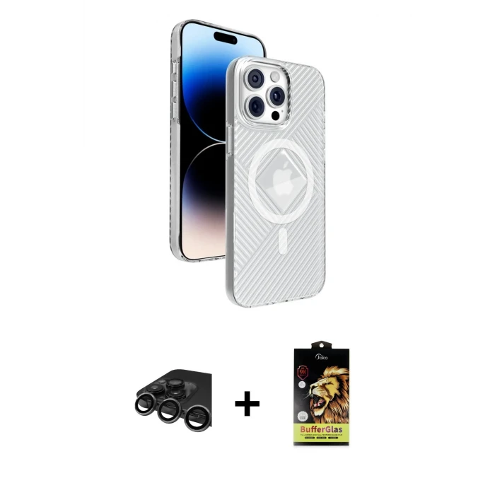 ieg™ iPhone 15 Pro Max Kılıf Nova Modern Prime - Siyah Buffer Cam Ekran Koruyucu + Titanyum Gri Raze Metal Kamera Lens