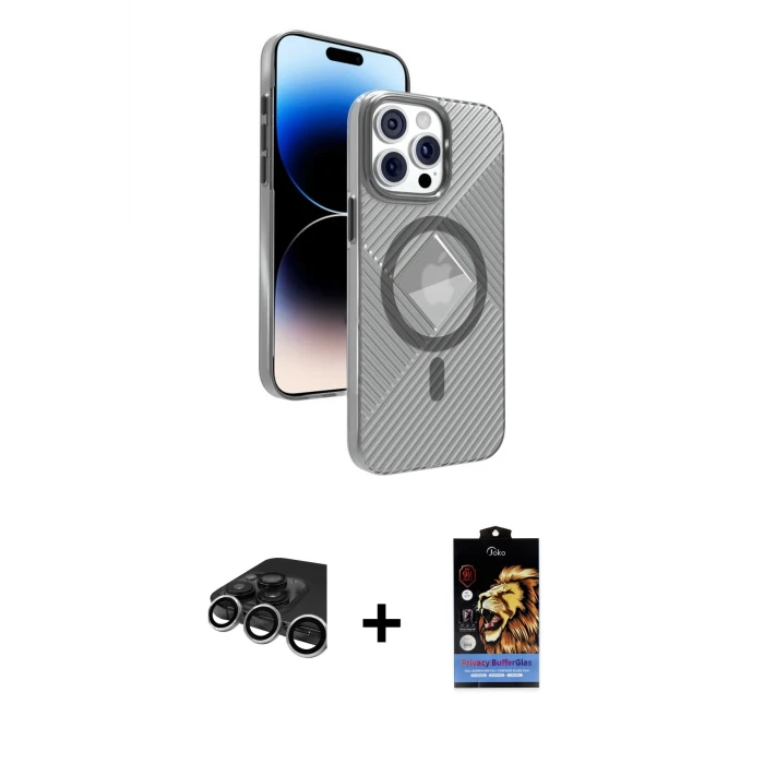 ieg™ iPhone 15 Pro Max Kılıf Nova Modern Prime - Siyah Buffer Hayalet Cam Ekran Koruyucu + Raze Metal Kamera Lens - GS