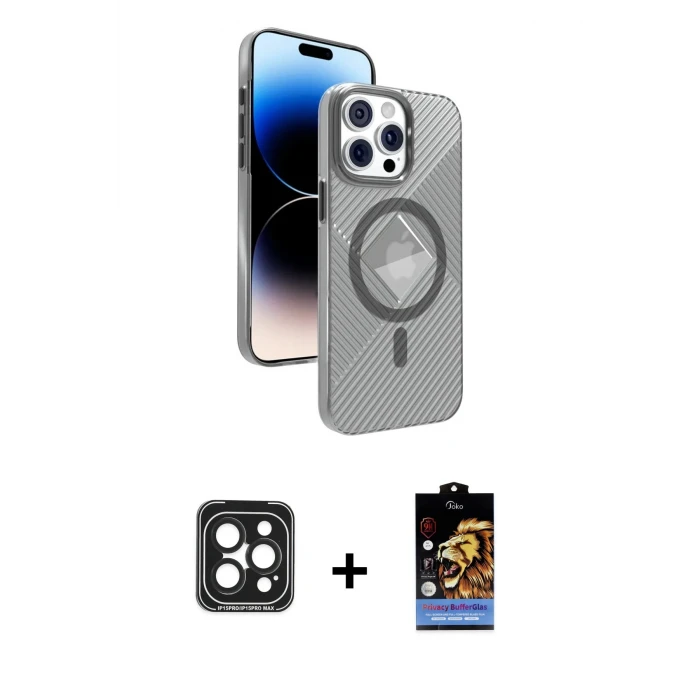 ieg™ iPhone 15 Pro Max Kılıf Nova Modern Prime - Siyah Buffer Hayalet Cam Ekran Koruyucu + Siyah PVD Metal Kamera Lens