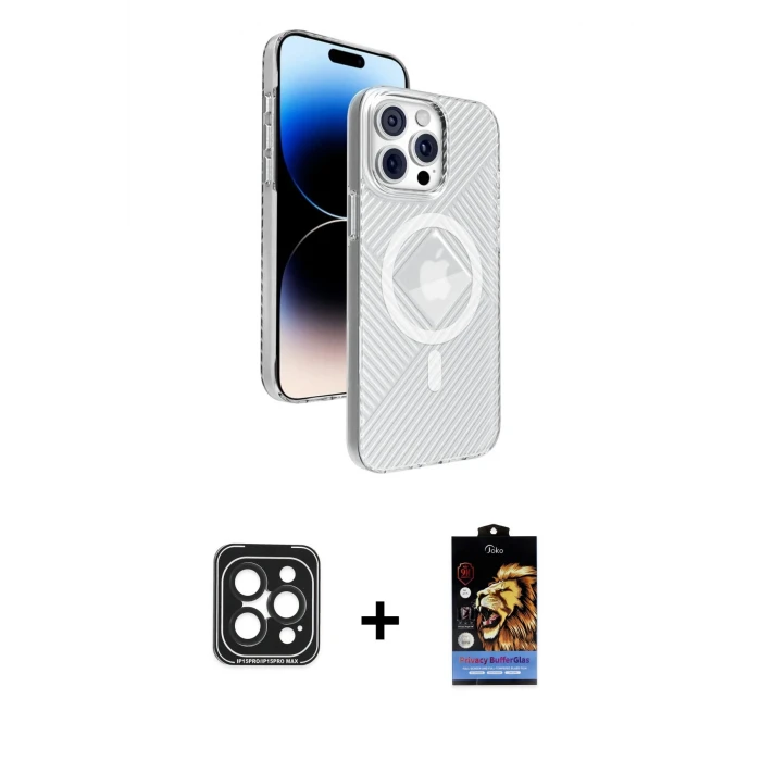 ieg™ iPhone 15 Pro Max Kılıf Nova Modern Prime - Siyah Buffer Hayalet Cam Ekran Koruyucu + Siyah PVD Metal Kamera Lens