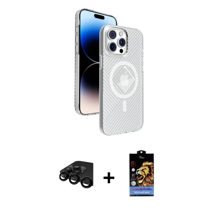 ieg™ iPhone 15 Pro Max Kılıf Nova Modern Prime - Siyah Buffer Hayalet Cam Ekran Koruyucu + Siyah Raze Metal Kamera Lens