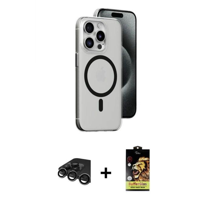 ieg™ iPhone 15 Pro Max Kılıf Odak Form Özel Seri - Siyah Buffer Cam Ekran Koruyucu + Raze Metal Kamera Lens - TMGI