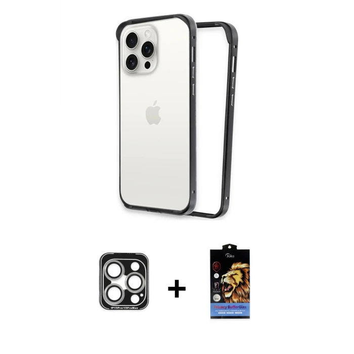 ieg™ iPhone 15 Pro Max Kılıf Pusula Asil Koleksiyonu - Siyah Buffer Hayalet Cam Ekran Koruyucu + PVD Metal Kamera Lens - GS