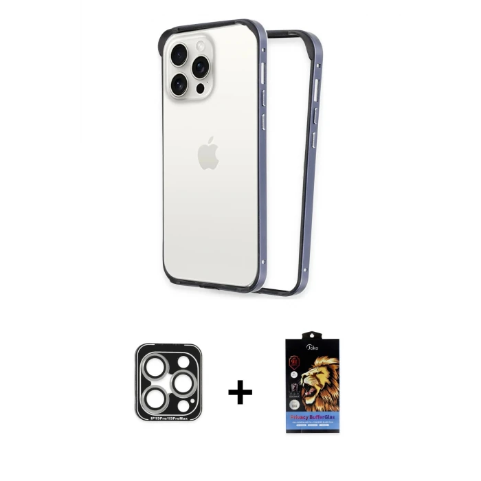 ieg™ iPhone 15 Pro Max Kılıf Pusula Asil Koleksiyonu - Siyah Buffer Hayalet Cam Ekran Koruyucu + PVD Metal Kamera Lens - GS