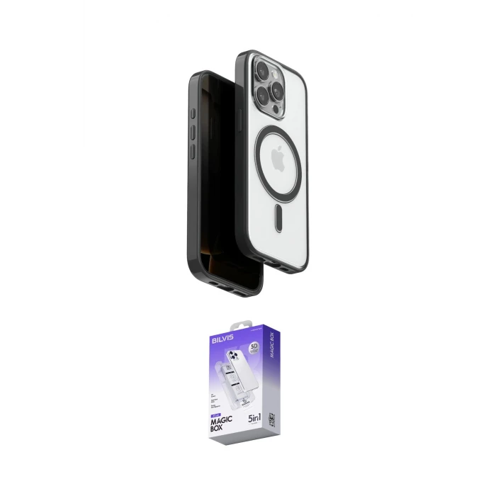 ieg™ iPhone 15 Pro Max Kılıf Pusula Form Serisi - Siyah Bilvis 5in1 3D Magic Cam Ekran Koruyucu