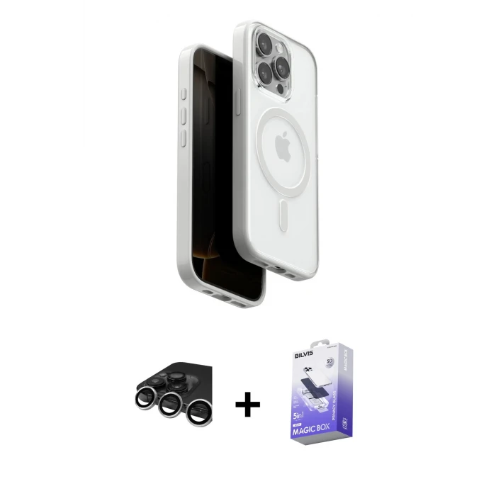 ieg™ iPhone 15 Pro Max Kılıf Pusula Form Serisi - Siyah Bilvis 5in1 5D Magic Hayalet Cam Ekran Koruyucu + Raze Metal Kamera Lens - GS