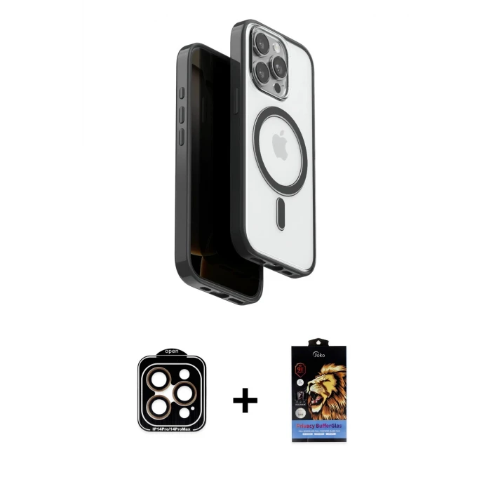 ieg™ iPhone 15 Pro Max Kılıf Pusula Form Serisi - Siyah Buffer Hayalet Cam Ekran Koruyucu + Turuncu PVD Metal Kamera Lens