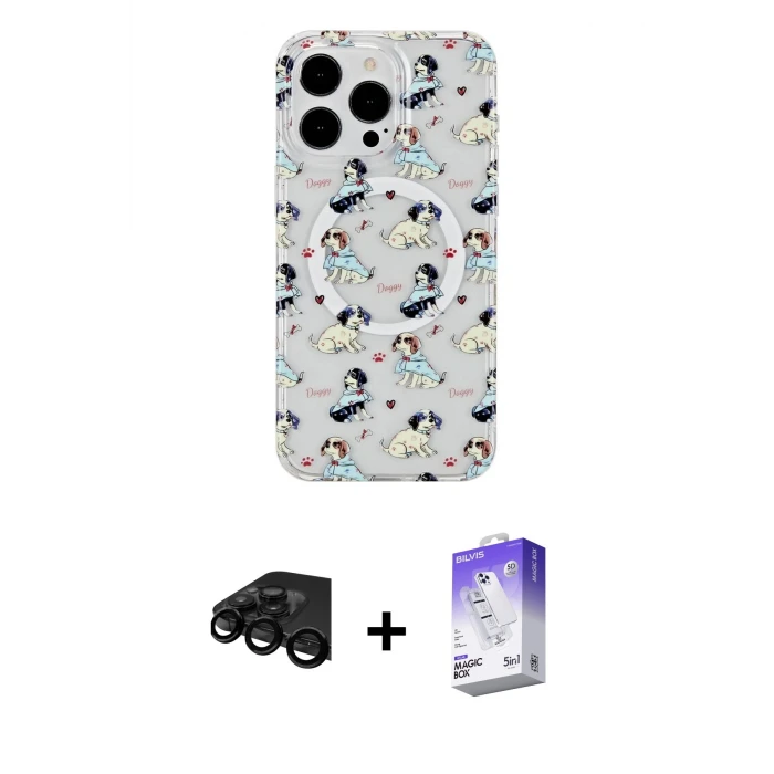 ieg™ iPhone 15 Pro Max Kılıf Pusula Form - Siyah Bilvis 5in1 3D Magic Cam Ekran Koruyucu + Siyah Raze Metal Kamera Lens