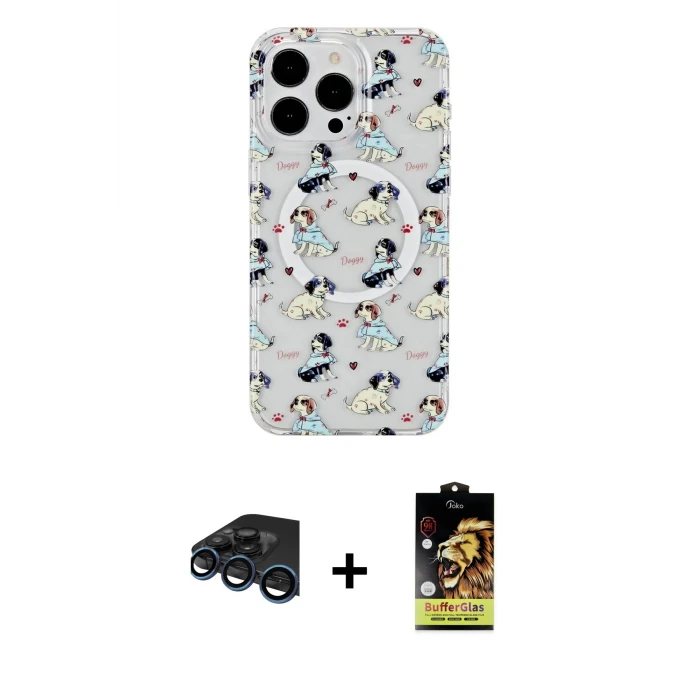 ieg™ iPhone 15 Pro Max Kılıf Pusula Form - Siyah Buffer Cam Ekran Koruyucu + Lacivert Raze Metal Kamera Lens