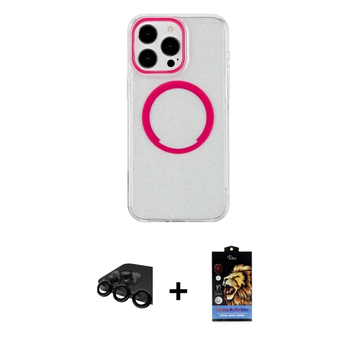 ieg™ iPhone 15 Pro Max Kılıf Pusula Form - Siyah Buffer Hayalet Cam Ekran Koruyucu + Siyah Raze Metal Kamera Lens