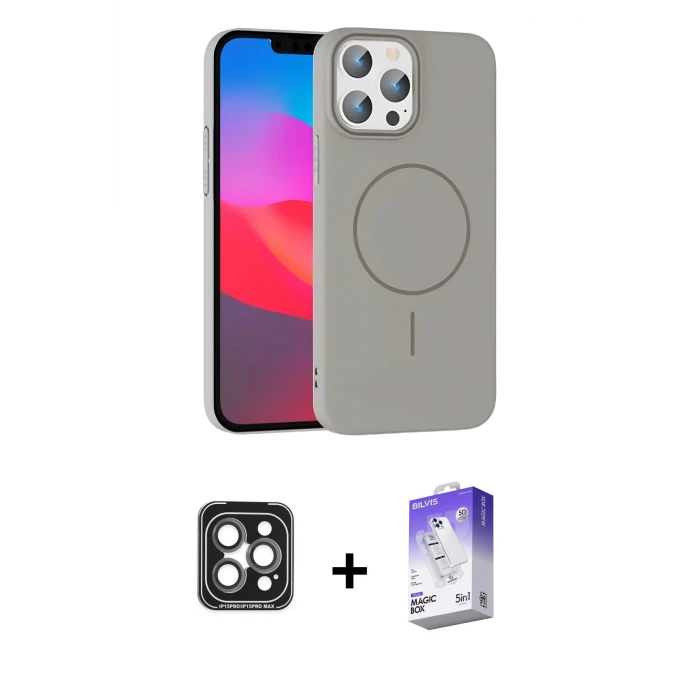 ieg™ iPhone 15 Pro Max Kılıf Siluet Doku Özel Seri - Siyah Bilvis 5in1 3D Magic Cam Ekran Koruyucu + Gri PVD Metal Kamera Lens