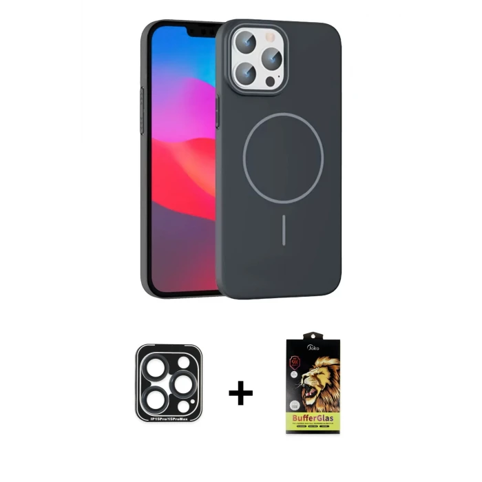 ieg™ iPhone 15 Pro Max Kılıf Siluet Doku Özel Seri - Siyah Buffer Cam Ekran Koruyucu + PVD Metal Kamera Lens - LT
