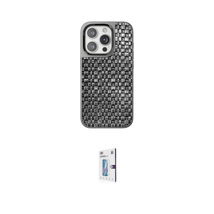 ieg™ iPhone 15 Pro Max Kılıf Siluet Form Serisi - Siyah Bilvis 0.18mm Plus Cam Ekran Koruyucu