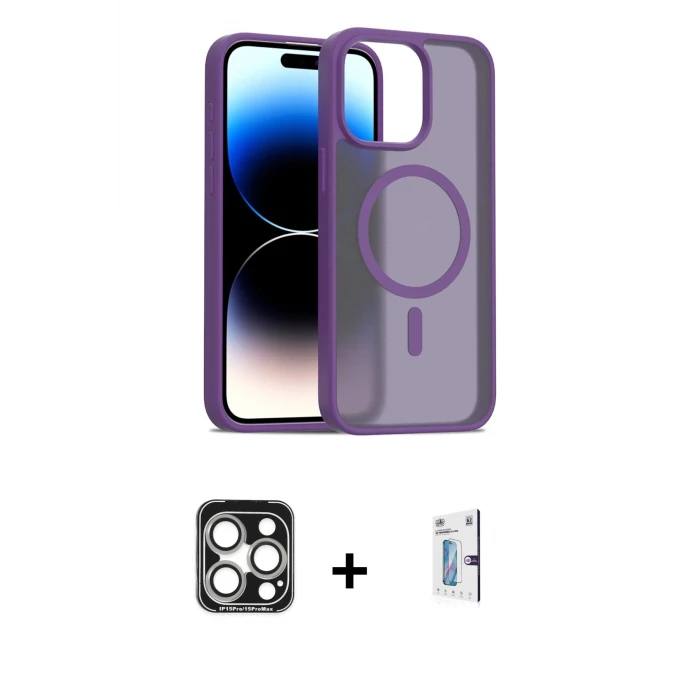 ieg™ iPhone 15 Pro Max Kılıf Siluet Minimal Prime - Siyah Bilvis 0.18mm Plus Cam Ekran Koruyucu + PVD Metal Kamera Lens - GS