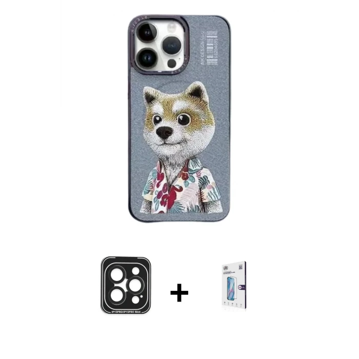 ieg™ iPhone 15 Pro Max Kılıf Siluet Modern Özel Seri - Siyah Bilvis 0.18mm Plus Cam Ekran Koruyucu + PVD Metal Kamera Lens - SH