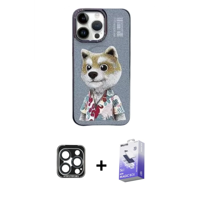 ieg™ iPhone 15 Pro Max Kılıf Siluet Modern Özel Seri - Siyah Bilvis 5in1 5D Magic Hayalet Cam Ekran Koruyucu + PVD Metal Kamera Lens - LT